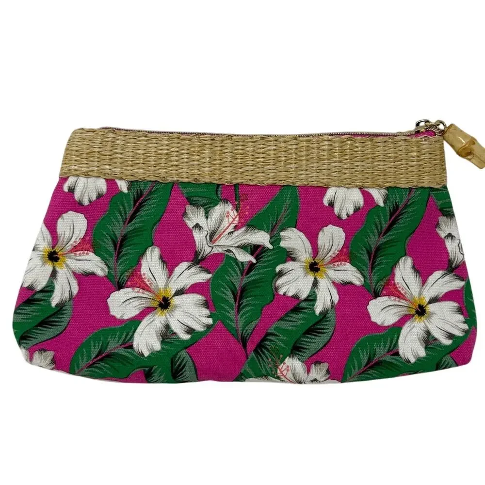 Tropical Clutch Bag Floral with Straw Trim and Pink Lining